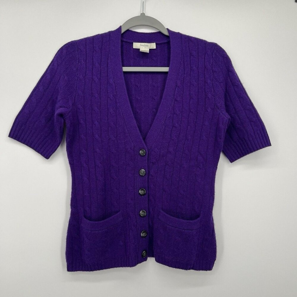 Neiman Marcus Short Sleeve Cardigan Cashmere Sweater Cable Knit Sz S Preppy